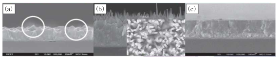 FTO 박막의 다양한 morphology (a) 표면에 돌기가 형성된 FTO 박막, Haze가 10% 이상으로 광산란효율이 높아서 태양전지용 박막으로 응용, (b) 표면에 Nanorod 가 형성된 FTO 박막으로 센서응용, (c) FTO 박막을 CMP polishing하여 아주 평평한 표면구조를 갖게 한 경우
