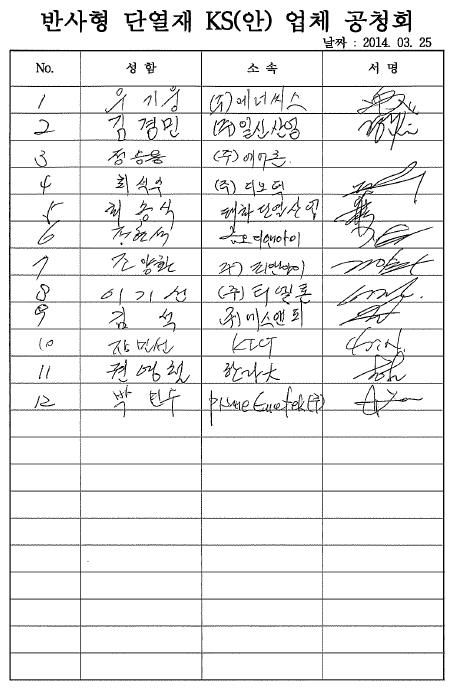 저방사 박막 복합 단열재 KS(안)공청회 참석자 명단(1차)