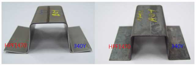 (a) 냉간 스탬핑 및 (b) HPF 제품의 형상 비교