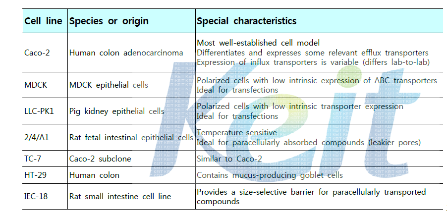 흡수측정에 많이 사용되는 배양세포 모델