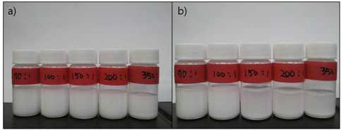 IsoparG/PB fluid에 TiO2를 분산시킨 상태 b) 1시간 후에 분산 상태