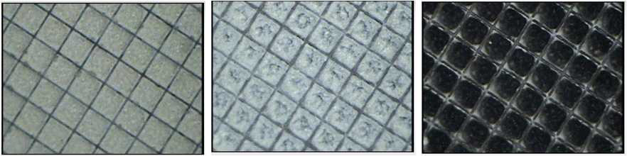 격벽내 잉크 주입 후 Image : 왼쪽부터 전압 인가 전, +15V 인가, -15V 인가