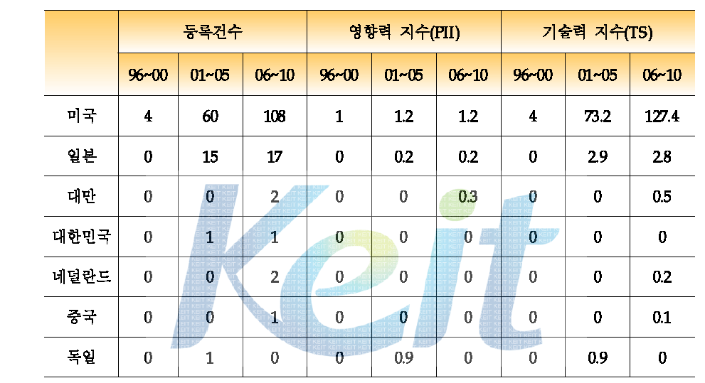 미국 특허에서의 국가별 기술 수준 순위