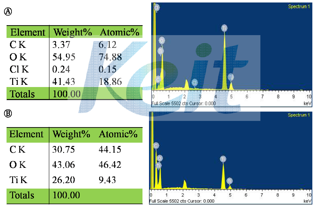 (A) 순수한 TiO2와 (B) PMMA로 코팅된 TiO2의 EDAX