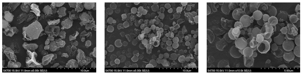 Polyurea Hybrid(좌)와 Epoxy Hybrid(중, 우)캡슐의 SEM