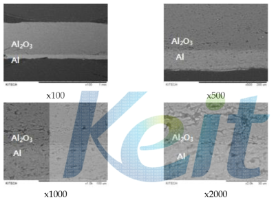 Al-Al2O3 방열시편의 접합 계면 관찰 / SEM(0.1394N/mm (70W, 30sec))