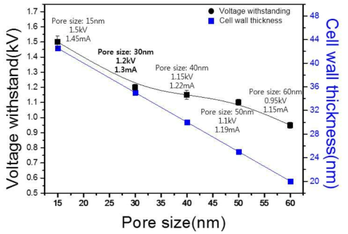 AAO 기공 크기에 따른 내전압과 셀벽의 두께와의 상관관계