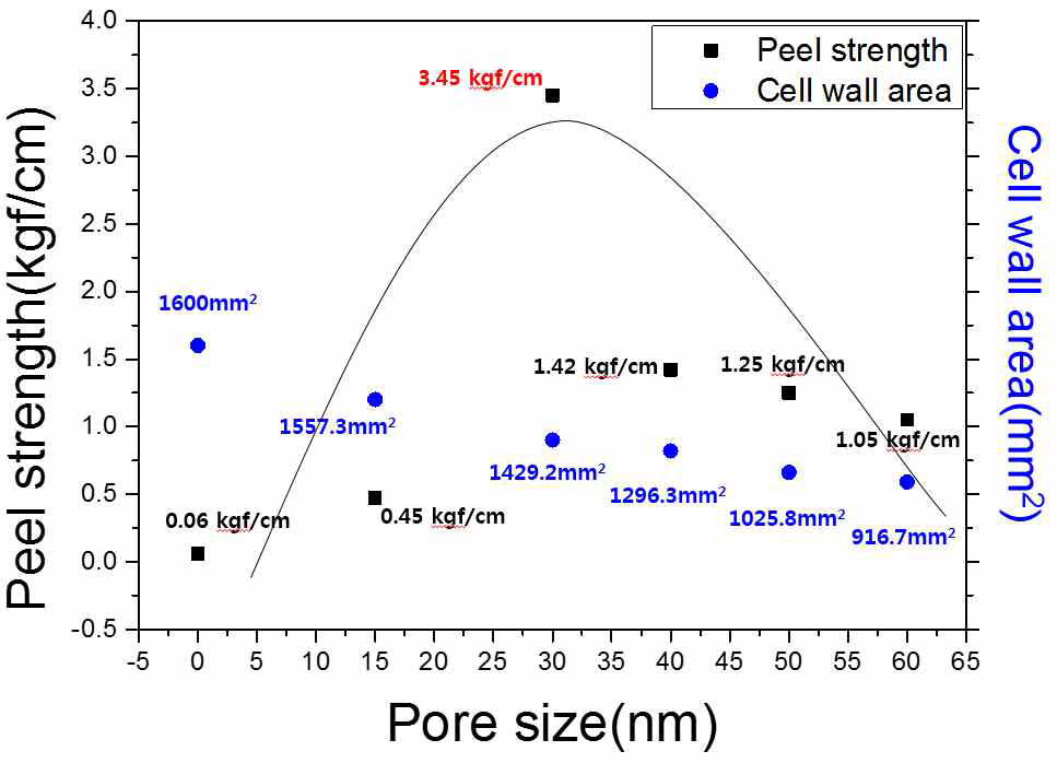 기공크기에 따른 셀벽(cell wall)의 면적과 접착강도와의 상관관계