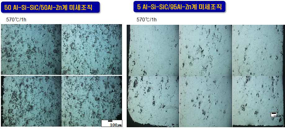 Al-Si-SiC복합분말과 Al-Zn계합금분말조성비가 각각 50:50 (좌), 5:95 (우)일 경우의 복합계분말 소결체 미세조직