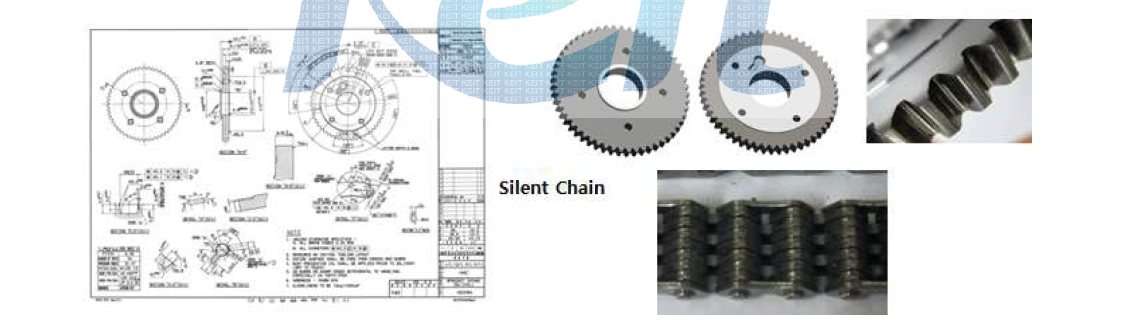 설계된 스프로켓 도면 및 스프로켓 표면부와체인 사진