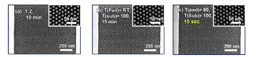 패드와 기판의 온도 조건에 따라 형성된 지름 10 nm의 구형 패턴