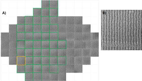 A)동진쎄미켐 블록공중합체를 이용한 웨이퍼 수준의 패턴 형성 평가 결과. B)18nm 패턴 형성 확대 이미지