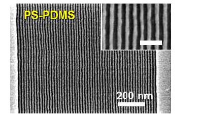 16 분자량 16 kg/mol의 PS-PDMS 블록 공중합체의 자기 조립을 통해 형성시킨 8 nm 선폭, 17 nm 주기의 line&space 패턴