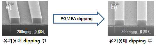 NUV DNR-2170의 유기용매에 대한 저항성 평가. a)가이드 패턴 형성 후 이미지, b)PGMEA dipping처리 후 가이드 패턴의 이미지