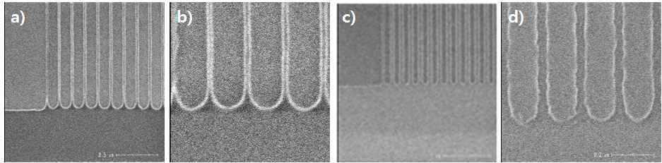 lift-off 공정 전후 이미지 변화. a) 1차 가이드 패턴형성 이미지 (저배율), b) 1차 가이드 패턴 이미지 (고배율), c) lift-off 공정 후 가이드 패턴이 제거된 중성층 형성 이미지 (저배율), d) lift-off공정 후 가이드 패턴이 제거된 중성층 형성 이미지 (고배율)