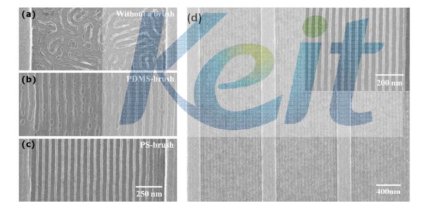 마이크로 패턴 내에서 정렬된 블록공중합체 나노 구조의 SEM 이미지 (a) without a brush, (b) with a PDMS-brush, (c) with a PS-brush, (d) PS brush 처리를 한 trench 기판위에 정렬된 line 패턴