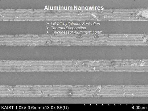 1 μm PR 패턴내에서 정렬된 40 nm 주기의 블록공중합체를 템플릿으로 사용하여 얻은 알루미늄 나노선의 모습을 관찰한 SEM 이미지