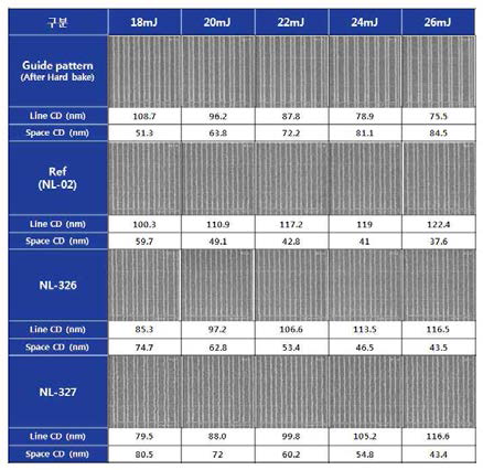 형성되어진 노광에너지별 1차 패턴 및 중성층에 따른 lift-off 이미지