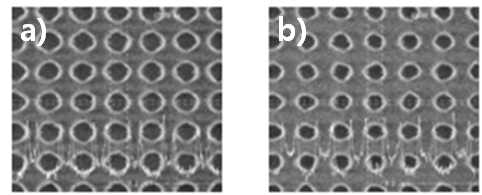 ASML-1900i를 이용한 55nm 1:1 컨택홀 패턴 형성. a)1차 패턴 현상 후 이미지, b) hole shrink 패턴 현상 후 이미지