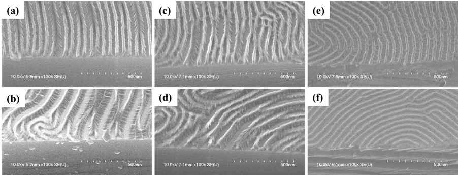 블록공중합체를 이용하여 제작된 종횡비가 약 3인 nanoline 템플리트의 SEM 이미지. 조건 RIE 1; (a) O2 20 s, (b) 25 s, RIE 2; (c) 15 s, (d) 20 s, RIE 3; (c) 15 s, (d) 20 s