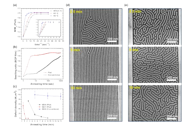 Pad annealing을 이용한 블록 공중합체 패턴 형성: (a) 시간에 따른 PDMS 패드의 무게 증가율 추이; (b) 어닐링 시간에 따른 블록 공중합체 박막의 부피 팽창률 추이; (c) 어닐링 시간에 따른 SD45, SD51 블록 공중합체 패턴의 결함 농도 감소 추이; (d) pad annealing 시간에 따른 SD45 필름의 표면 모폴로지 변화; (e) 기존 어닐링 시간에 따른 SD45 필름의 표면 모폴로지 변화