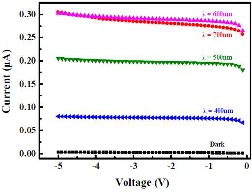 실리콘 포토다이오드의 다양한 파장에서의 전압-전류 특성 그래프