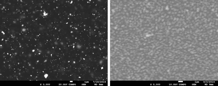 은 나노 입자와 폴리머 복합체 SEM, 자기조립단막분자막 표면처리 전과 후