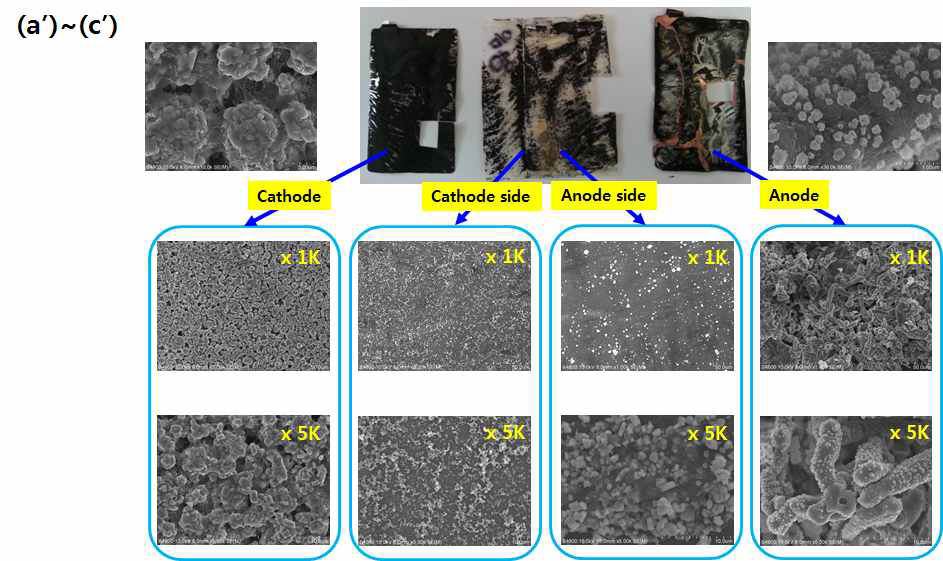 과충전후 SEM 이미지: 의 (a')~(c') 부분에 위치하는 stack의 사진