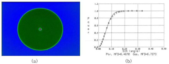 (a)HI1060 SMF 광섬유 단면 이미지, (b) MFD 측정결과