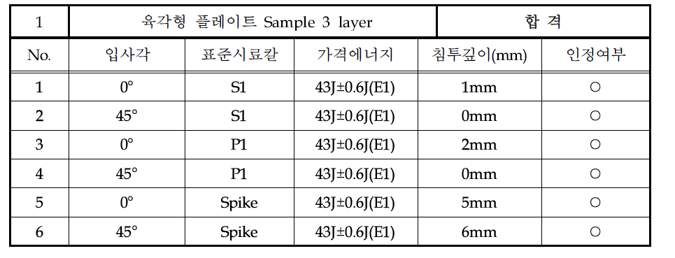 Level 3 “E1” 육각 플레이트 Sample 3 layer 방검성능 테스트 결과