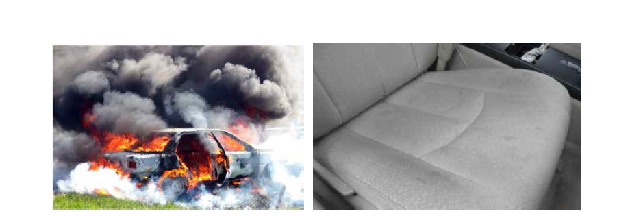 난연 및 방오가공의 필요성: 자동차 화재(좌)와 오염된 카시트(우).