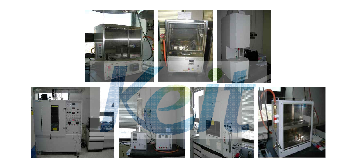 공정별 성능분석을 위한 시험기기(방염성시험기, 연소속도측정기, 마이크로칼로리미터, 연기밀도시험기, LOI, 연소성시험기, 화염전파시험기).