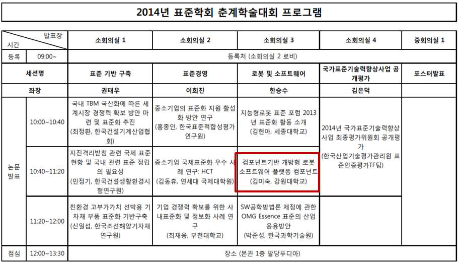 2014년 춘계 표준학회 학술대회에서 본 논문 발표 일정