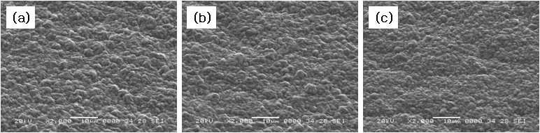 전류밀도에 따른 표면 morphology (a)40A/dm2, (b)50A/dm2, (c)60A/dm2