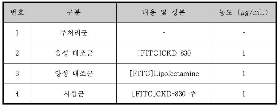 유세포 분석장비를 통한 uptake 비교 평가 처리그룹