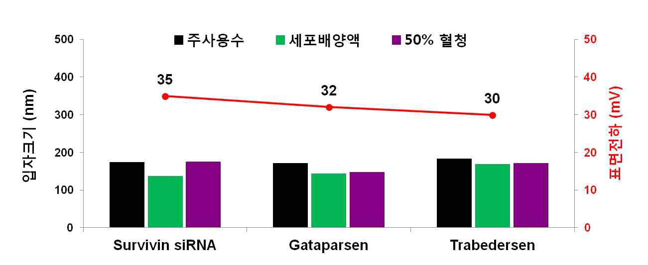 Survivin siRNA, gataparsen 및 trabedersen이 적용된 CKD-830 키토산 나노복합체 (CTG-PL) 입자크기 및 표면전하 평가