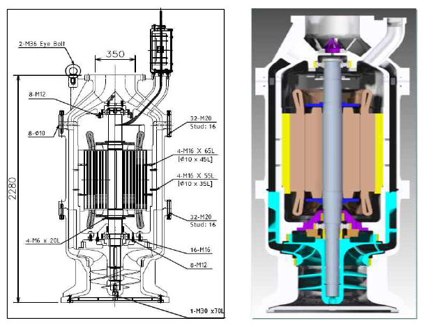 LNG 실증펌프 조립도(좌) 및 3D 모델링(우)