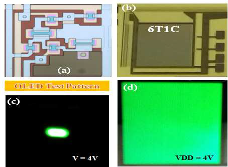 Plastic 기판에 제작된 AMOLED 디스플레이 (a) 제작 된 6T1C – Pixel Circuit Optical Image, (b) 제작 된 AMOLED TFT Array, (c) 제작 된 OLED Test Pattern, (d) AMOLED의 전면 발광 이미지