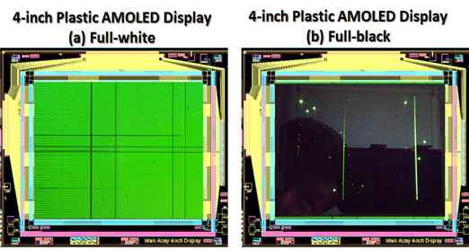 4-inch급 Plastic AMOLED 시제품의 전면 (a) full white와 (b) full black 사진