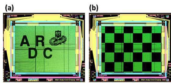 4-inch급 Plastic AMOLED 시제품의 이미지 시연 사진 (a) ADRC 문구 및 (b) 체크 무늬 그림은 능동 구동 형태의 이미지를 시연하는 사진이다