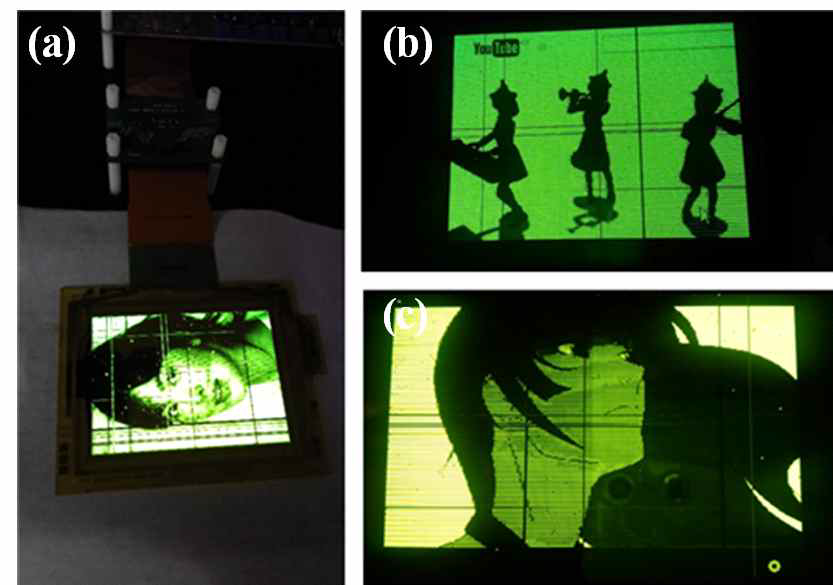 4-inch급 Plastic AMOLED 시제품의 동영상 구동 중의 (a) 시제품 사진 및 (b), (c) 동영상 구동 사진