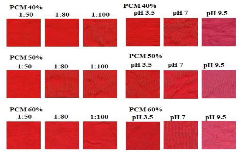 욕비, pH 조건별 PCM 함량비에 따른 염색 샘플