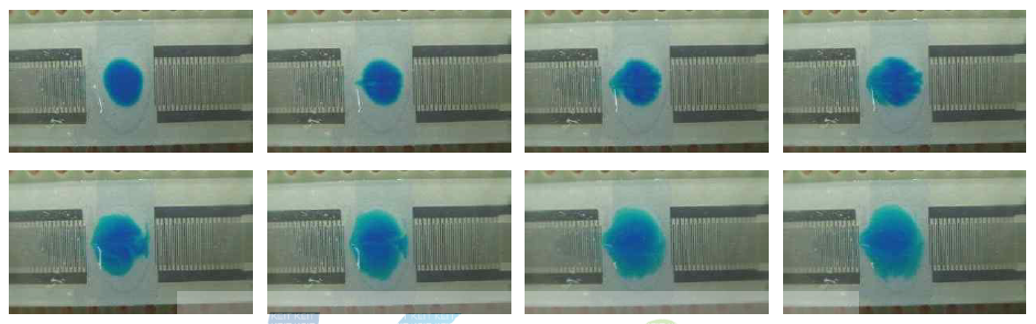 전압에 따른 액체변화 - DI water(10 μl) + dye(1 μl) Concentration의 임계전압이 6~7Vpp임을 알 수 있음.