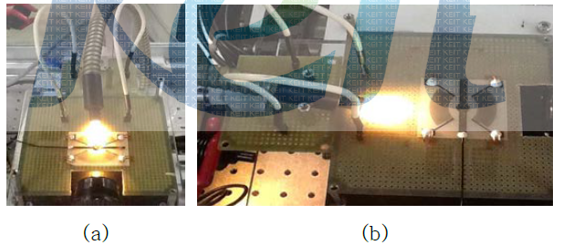 (a) 120° 각도의 곡면 SAW-IDT, (b) 80° 각도의 곡면 SAW-IDT