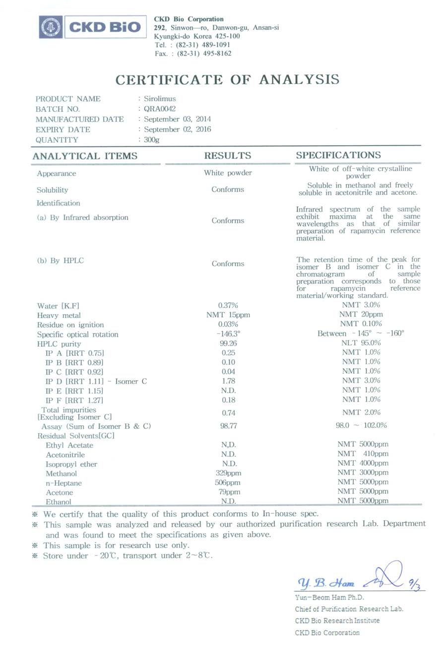 Certificate of rapamycin analysis[QRA0042].