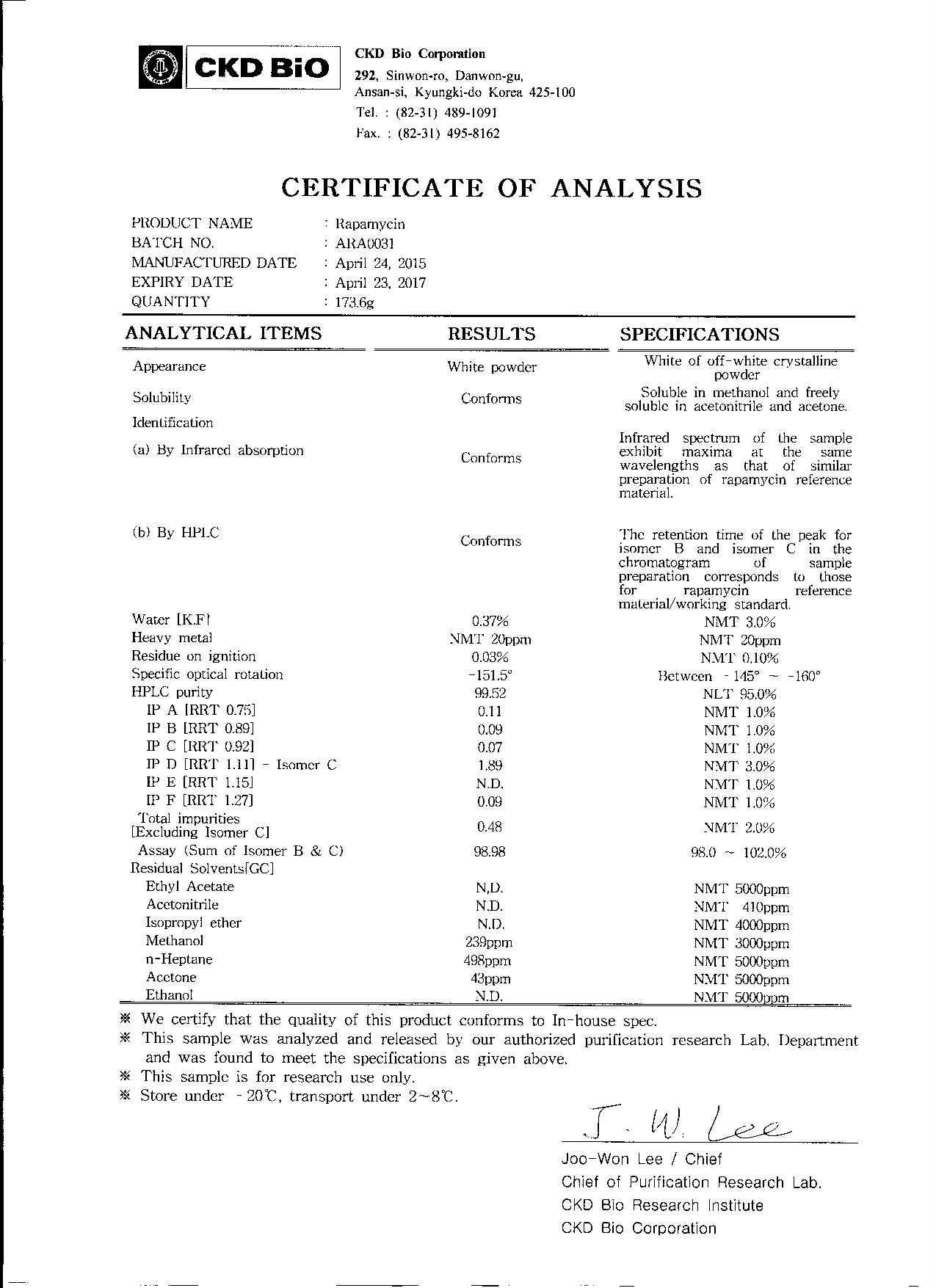 Certificate of rapamycin analysis