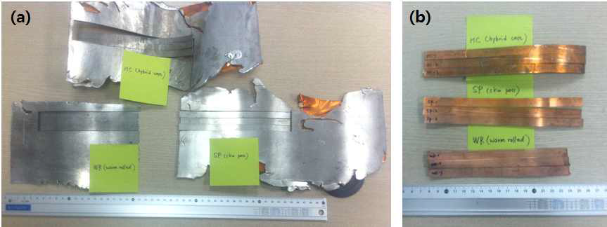 (a) 하이브리드 캐스팅(HC), 조압연(SP) 및 온간 압연(WR)한 Al/Cu 하이브리드 판재 (b) 계면 박리 시험편 방전 가공