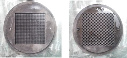축열재용 SiC honeycomb 150 mm x 150 mm (40 Cells), 좌(앞면), 우(뒷면)