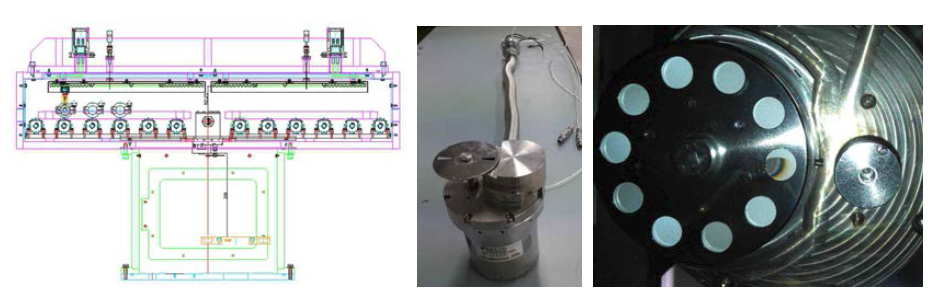 실시간 두께 측정용 회전형 다중 crystal 진동자 두께 측정기(Inficon社) 장착 도면 및 실사