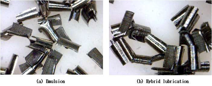 절삭유제방식과 세미드라이방식의 칩형태